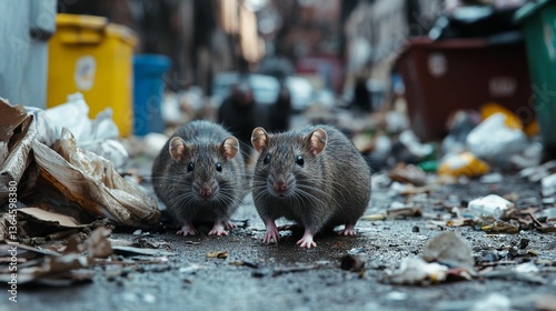 rats among piles of garbage and waste in the urban environment, reproduction of rodents in cities, problems with waste and garbage removal