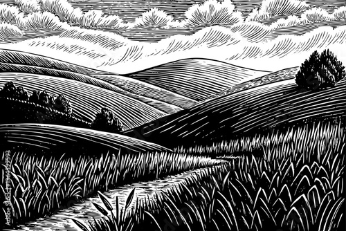 Amazing spring landscape with black and white rolling hill hand drawn sketch outline