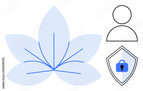 Abstract blue flower with five petals, user icon in outline, shield with lock symbol. Ideal for security, privacy, personal data protection, identity safety, online safety, minimalism serenity