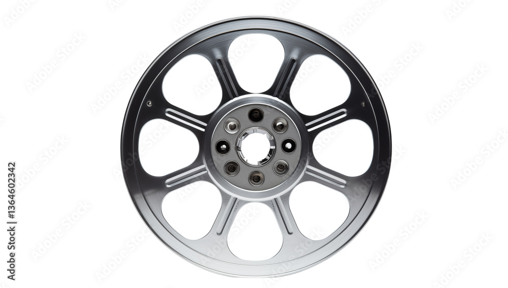 Obraz premium Shiny car wheel rim with eight large oval-shaped holes and a sleek metallic finish png on transparent background