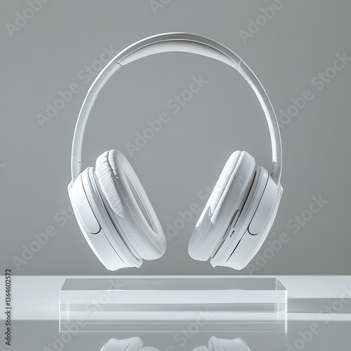 Professional e-commerce product image: high-end wireless headphones on a white acrylic stand, studio lighting highlighting the luxurious ear pad details, pure and minimalist background.