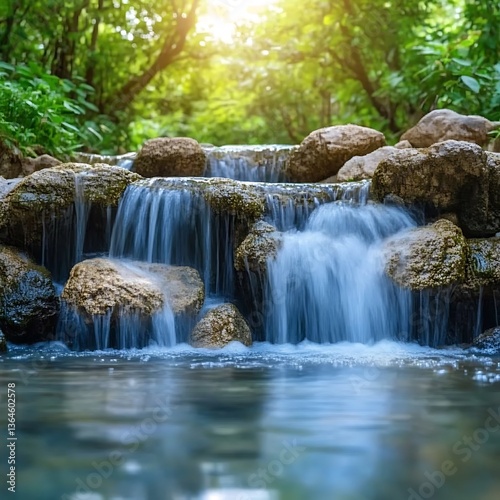 A beautiful cascade of water flows over layered rocks gracefully