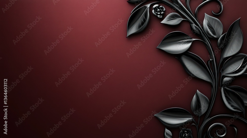 A gunmetal black metallic floral structure extending on the right, with a rich burgundy background, blending elegance with a modern feel.