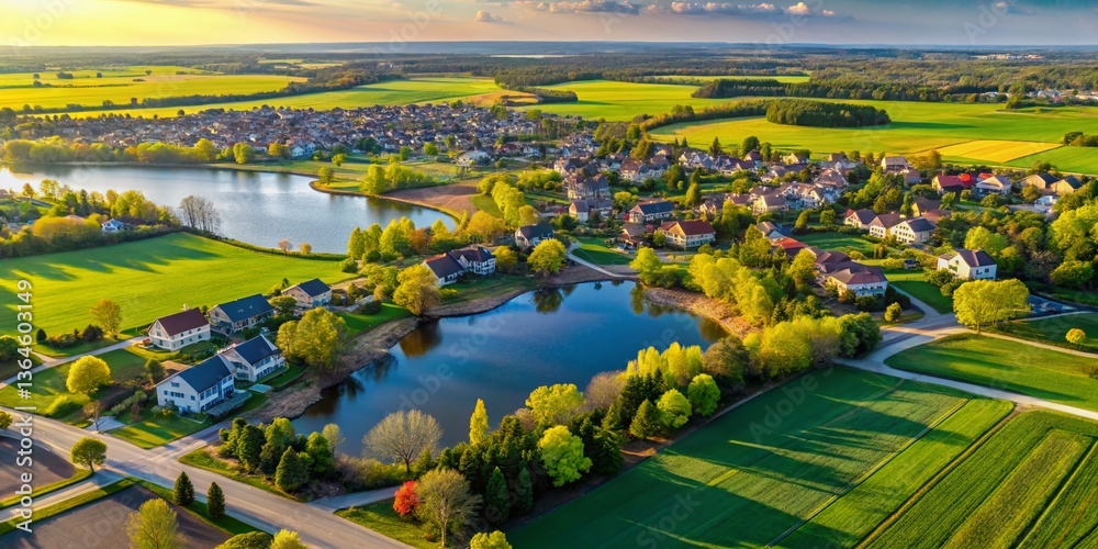 Fototapeta premium Aerial View of Milton, Ontario Spring Landscape - Lush Green Fields and Homes