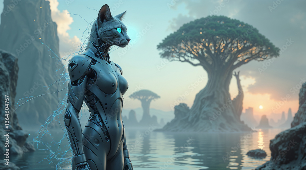 Naklejka premium A robot with cat features on alien earth
