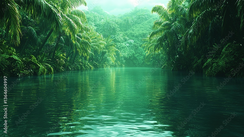 Obraz premium A tranquil river flowing through a lush green tropical forest