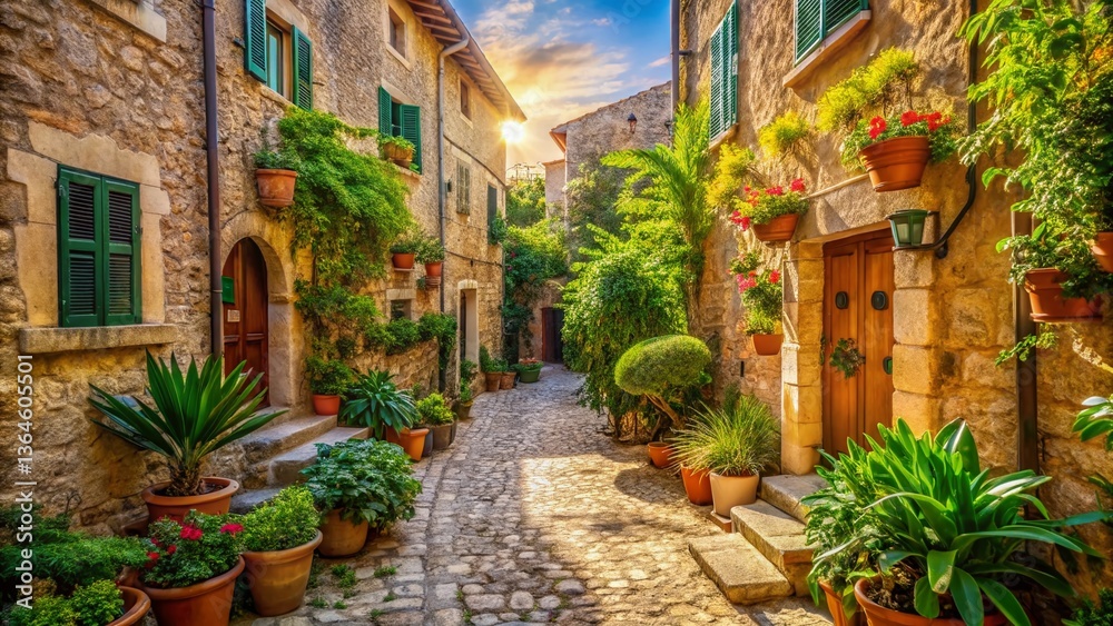 Fototapeta premium Charming Mediterranean Alleyway: Rustic Stone Buildings, Potted Plants, Cozy Village Scene