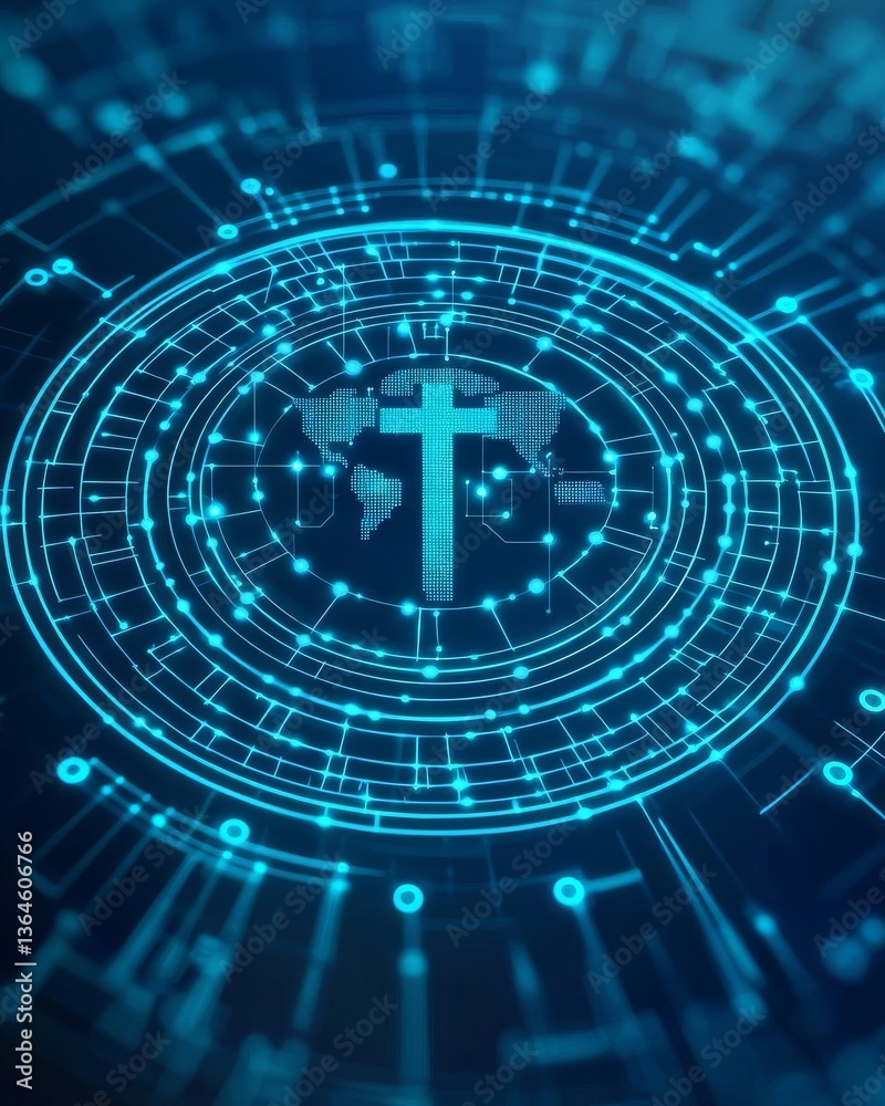 Abstract digital graphic featuring a cross symbol with a global connection theme. Abstract digital graphic featuring a cross symbol with a global connection theme.