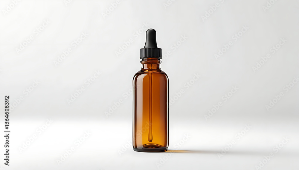 Amber Glass Bottle with Dropper Mockup on White Background for Essential Oils Amber Glass Bottle with Dropper Mockup on White Background for Essential Oils
