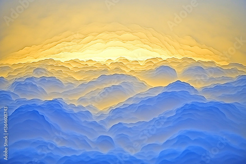 Serene sunset over fluffy clouds, creating a tranquil atmosphere with soft hues