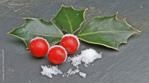 Frosty holly berries & leaves on slate, winter scene, holiday card