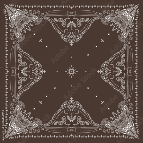 Bandana Brown and white with Ornate design, ornate Gothic pattern, natural motifs vines, floral, abstract art design. For silk neck scarf or kerchief square pattern design.