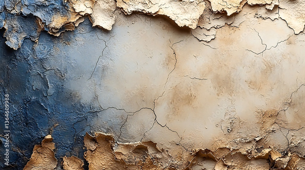 Naklejka premium Abstract Textured Wall Art Cracked Beige Blue and Gold Paint Texture Background
