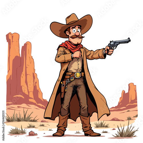 Cowboy firing gun in desert landscape with canyons