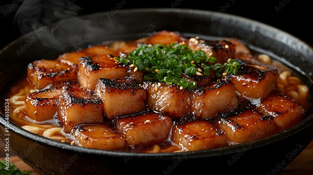 Delicious Glazed Pork Belly With Noodles Topped With Chopped Green Onions Steaming In A Black Bowl Delicious Glazed Pork Belly With Noodles Topped With Chopped Green Onions Steaming In A Black Bowl