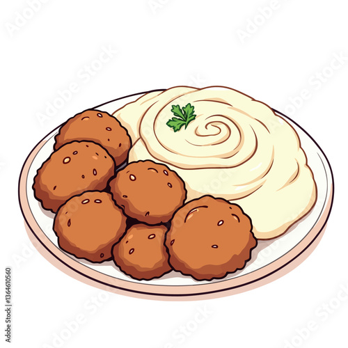 Delicious falafel balls served with creamy hummus on plate