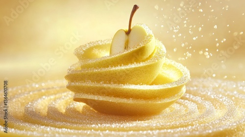 Golden apple atop swirling lemon peels
