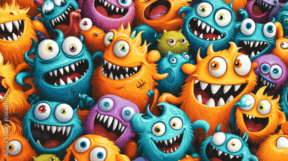 Colorful and playful cartoon monster pattern showcasing happy creatures in a vibrant, seamless design Colorful and playful cartoon monster pattern showcasing happy creatures in a vibrant, seamless design