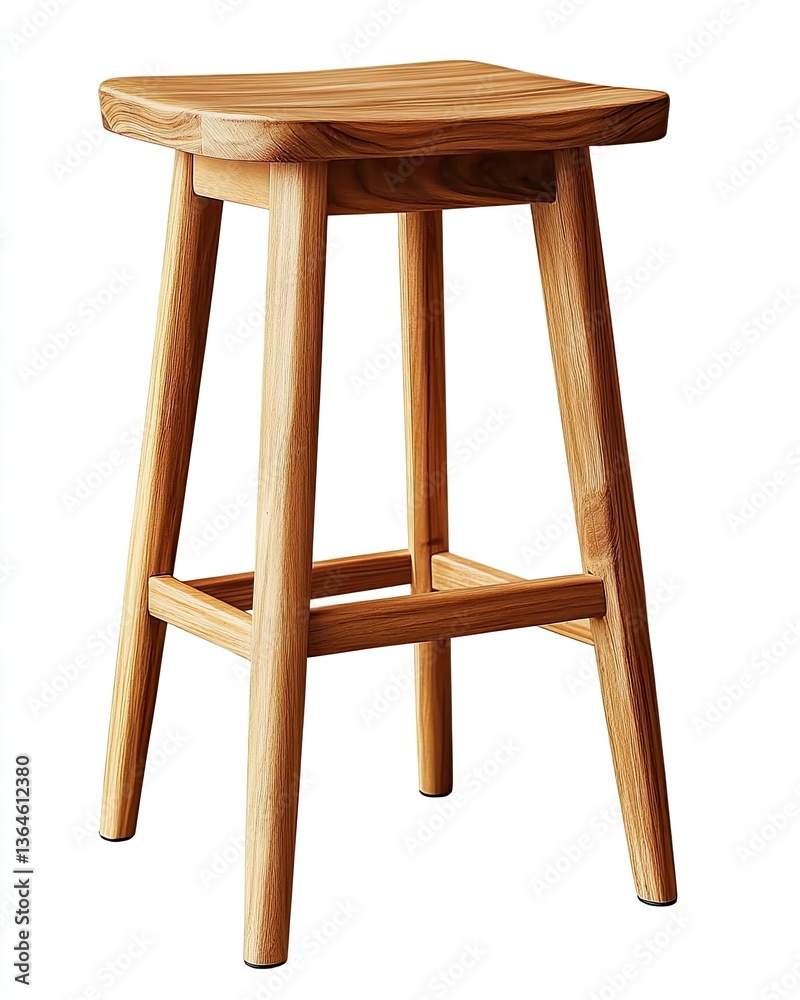 Light-colored wooden bar stool.  Simple design, solid construction