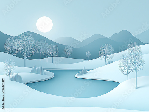 Serene winter landscape featuring snow-covered hills, a calm river, and bare trees under a bright sun