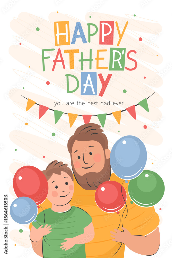 Father's Day card. Vector cute illustration of dad and of little son. Father's Day template with holiday wishes for postcards, posters, banner, ads. Father's Day card. Vector cute illustration of dad and of little son. Father's Day template with holiday wishes for postcards, posters, banner, ads.