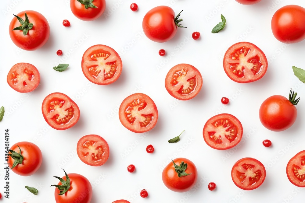 Fototapeta premium Fresh tomatoes and sliced halves arranged on a white surface