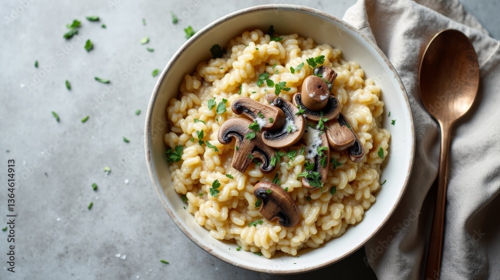 Top view of a creamy risotto with wild mushrooms and truffle oil, sprinkled with Parmesan and parsley. Top view of a creamy risotto with wild mushrooms and truffle oil, sprinkled with Parmesan and parsley.