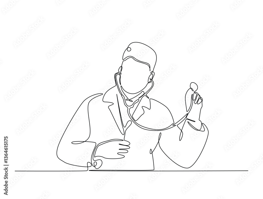 Continuous line art drawing of male doctor holds stethoscope. Nurse with stethoscope in one line drawing illustration. Medical health care service concept. Editable stroke. Continuous line art drawing of male doctor holds stethoscope. Nurse with stethoscope in one line drawing illustration. Medical health care service concept. Editable stroke.