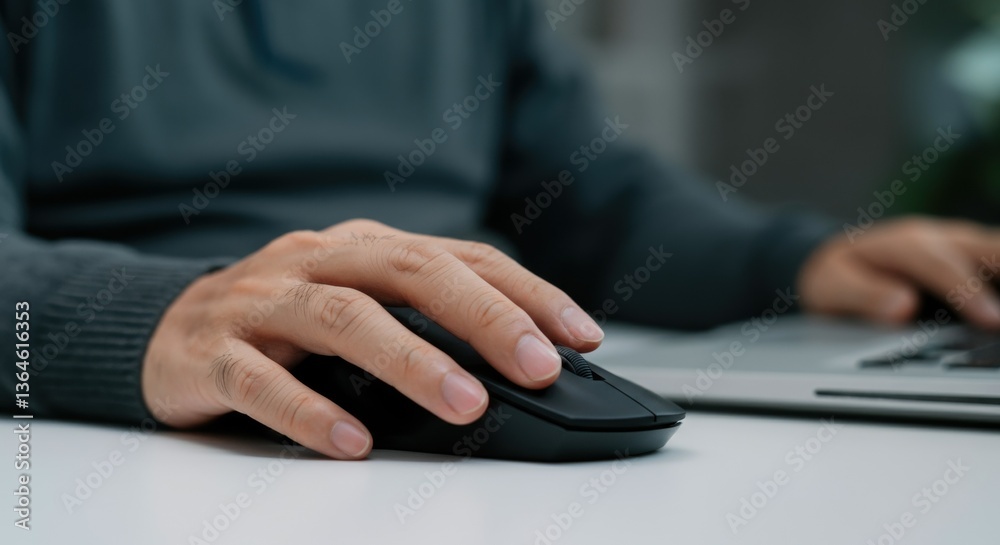 Caucasian male using computer mouse in office setting Caucasian male using computer mouse in office setting