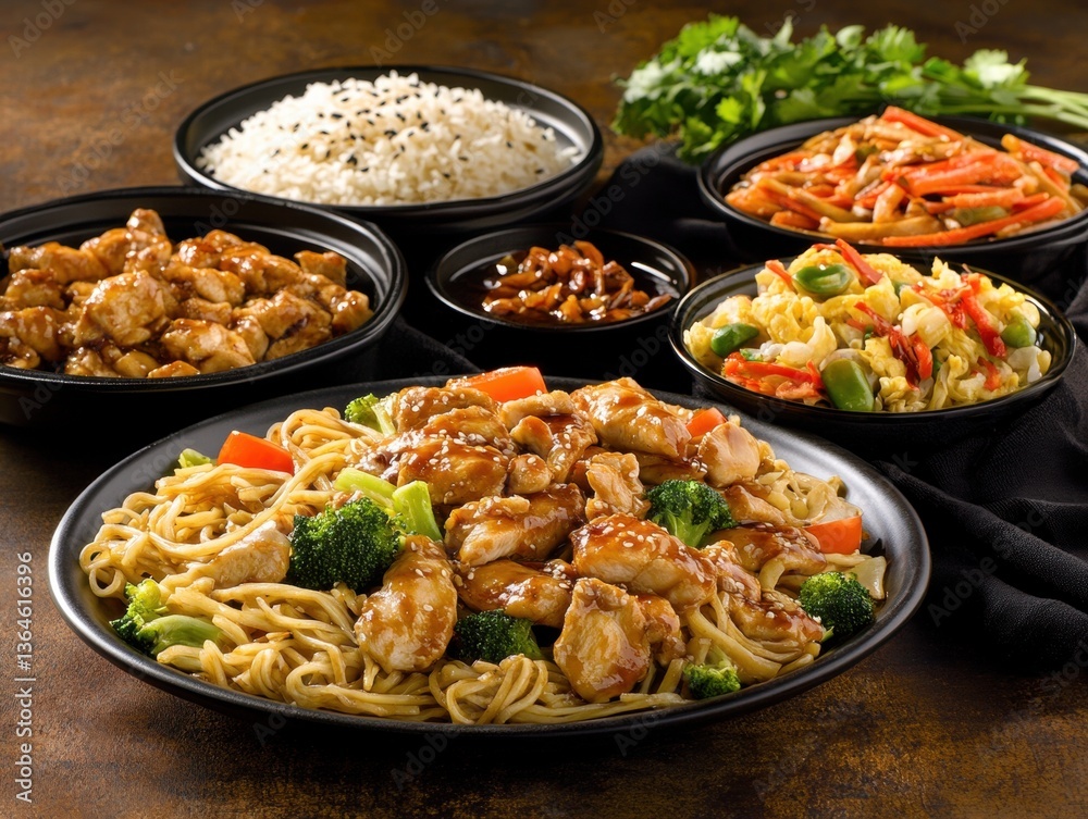 Delicious variety of Asian-inspired dishes served on a wooden table Delicious variety of Asian-inspired dishes served on a wooden table