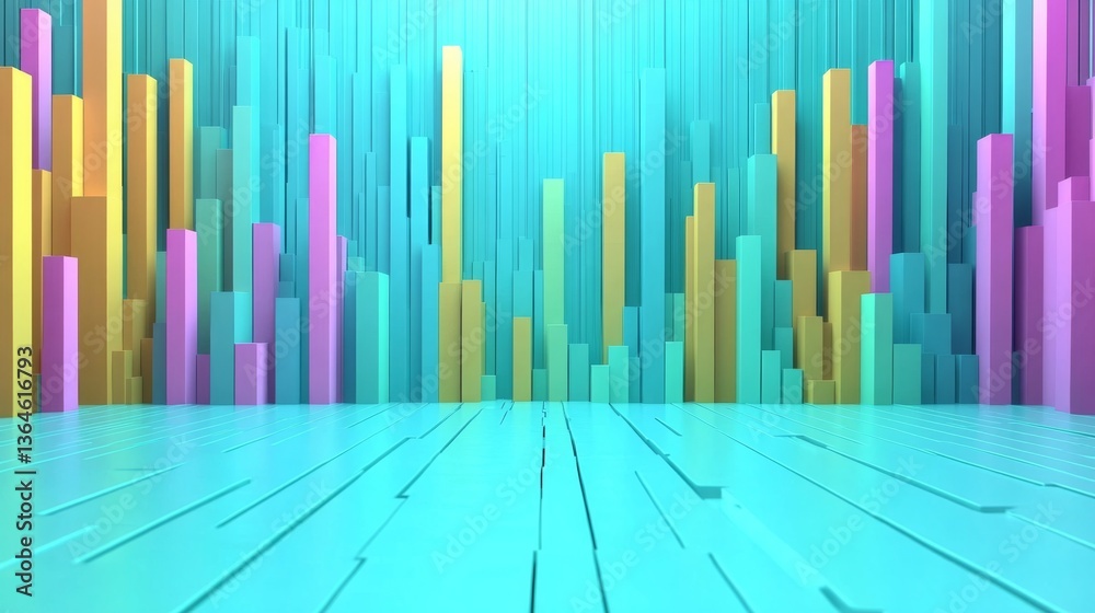 Obraz premium Smooth D bar chart with pale cyan, pale yellow, and pale gray bars on a flat light base