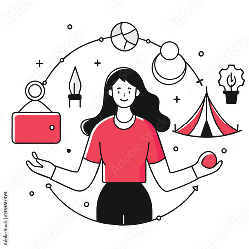 Woman Juggling Diverse Life Elements, Represents Balance and Creativity