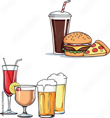 Burger, pizza, soft drink, beer and cocktails representing unhealthy food and drinks