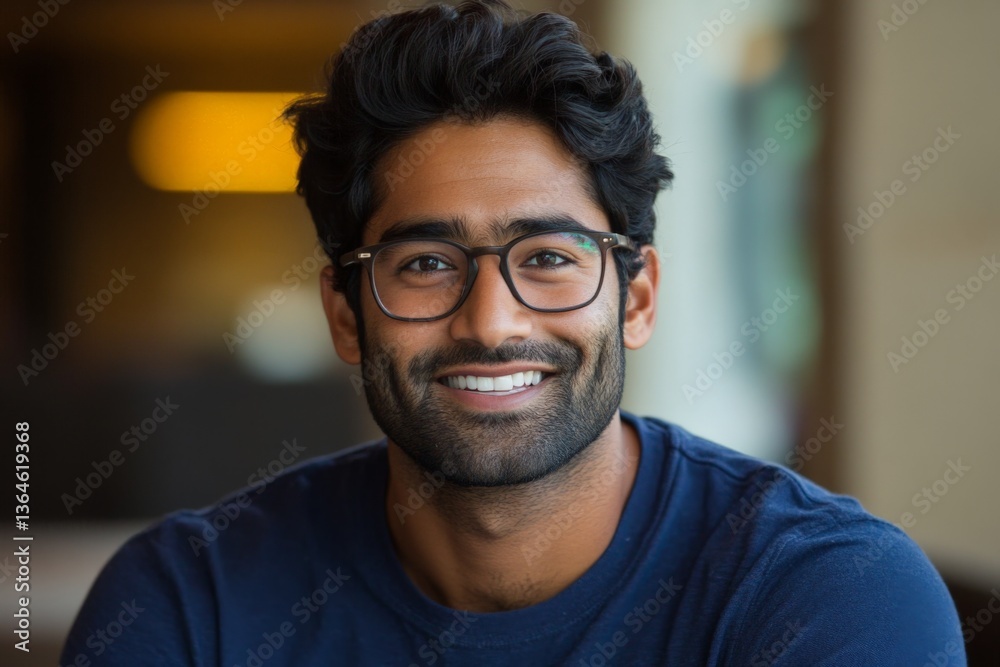 Young man with glasses smiling confidently indoors during the day in a cozy environment Young man with glasses smiling confidently indoors during the day in a cozy environment