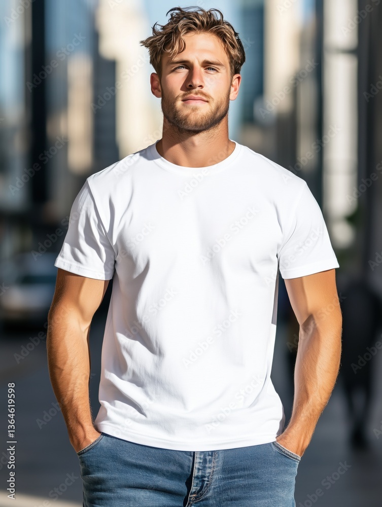 Junger Mann in weißem T-Shirt posiert selbstbewusst in der Stadt, Mockup
Junger Mann in weißem T-Shirt posiert selbstbewusst in der Stadt, Mockup