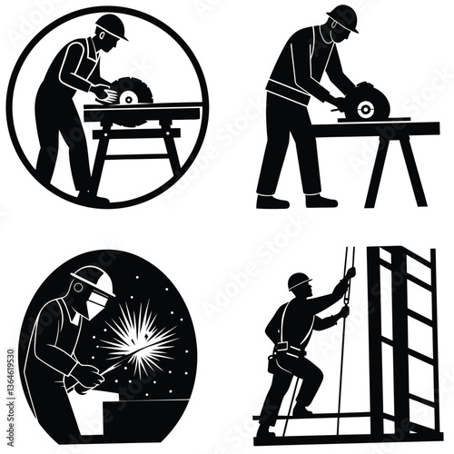 construction worker silhouette,A construction worker at work. Silhouettes in different poses with and without tools. Vector illustration.