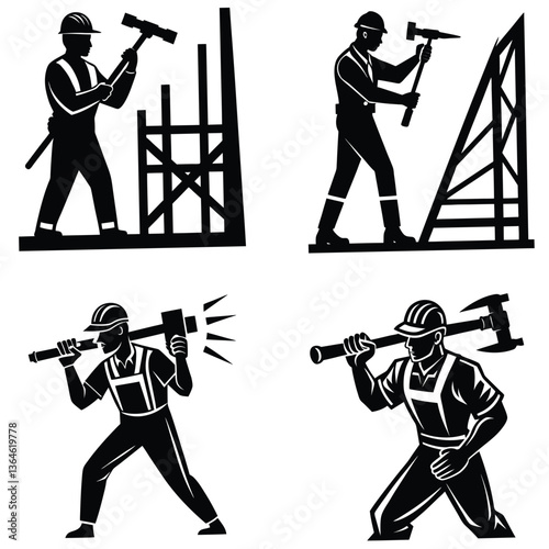 Construction workers vector silhouettes, workers silhouettes, Set of silhouettes of construction workers 