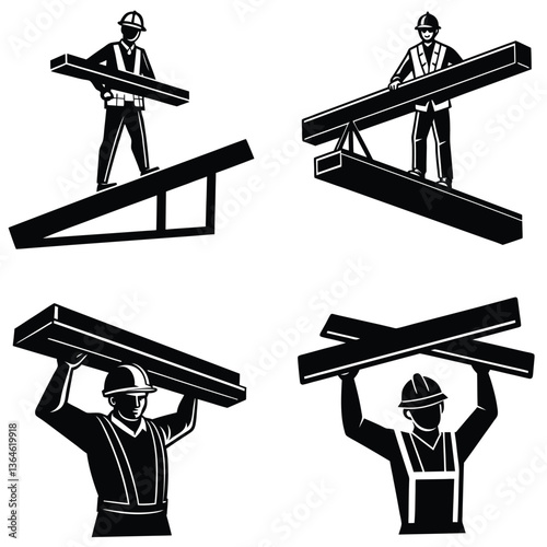 Silhouettes of construction workers with industrial equipment, including cranes, pumps, and rigs, in a 3D vector illustration representing energy, fuel, and metal industry