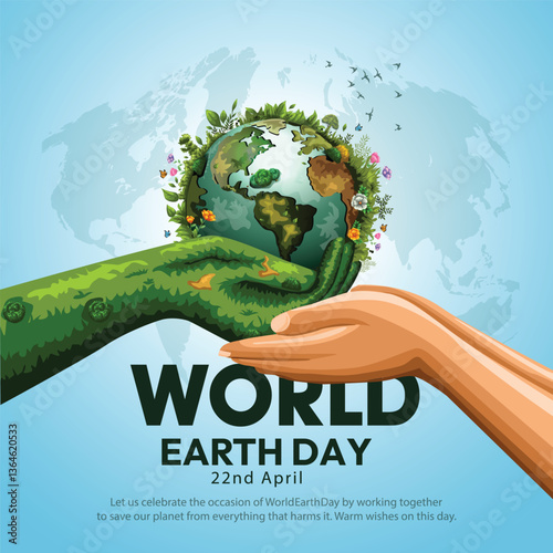 world Earth day poster. two hands holding and green plant and globe. abstract vector illustration design.