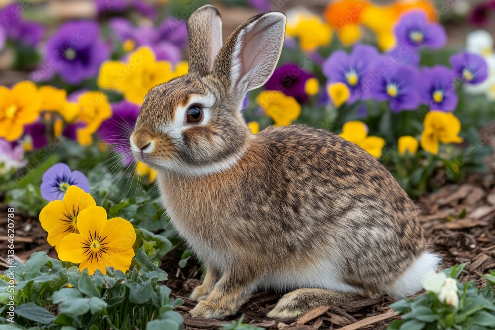 Fototapeta premium Cute rabbit sitting among vibrant purple and yellow pansies in a colorful spring garden full of flowers and greenery