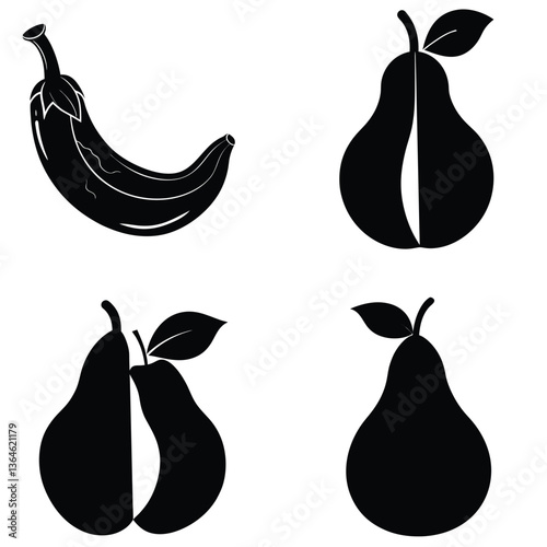 Fresh set of ripe pears with green and yellow tones, isolated on white background, representing healthy, organic fruit with leaves, perfect for a nutritious diet