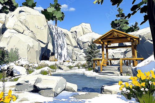 Tranquil mountain scene featuring a wooden gazebo by a serene pond with a waterfall backdrop