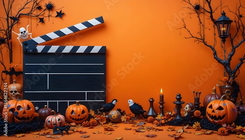 Halloween Movie Production Scene with Pumpkins and Clapperboard