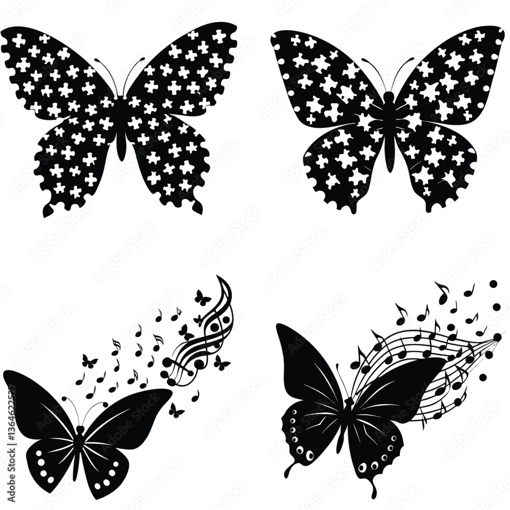 Fototapeta premium Set of colorful vector butterflies with intricate wing designs and beautiful silhouettes, perfect for decoration, nature-themed illustrations, and tattoos