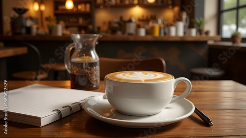 Wallpaper Mural Cappuccino with Latte Art on Wooden Café Table with Notebook and Pen Torontodigital.ca