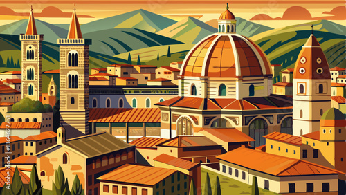 View of Santa Maria del Fiore and old roofs of Florence in Italy stock photo