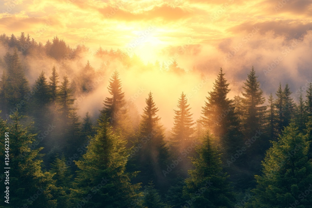 Naklejka premium Majestic sunrise over a misty forest landscape with dense pine trees and glowing sunlight