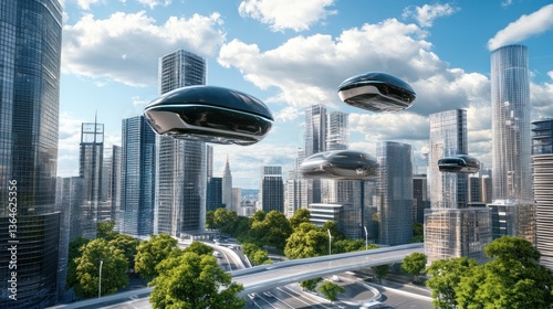 Futuristic flying cars city view photo