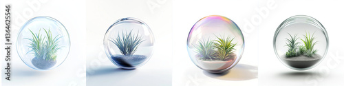 collection of four floating glass bubble vases, each containing tiny air plants and sand, showcasing unique designs and colors. serene arrangement