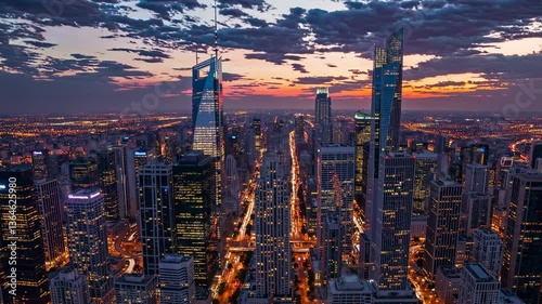 Wallpaper Mural Aerial video view of a city skyline at sunset, showcasing modern skyscrapers and vibrant city lights under a dramatic sky. Torontodigital.ca